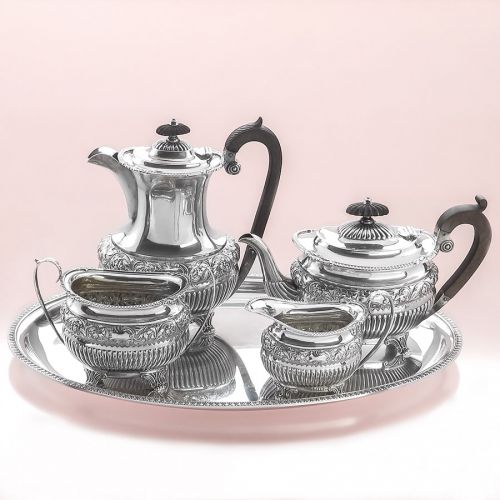 Silberservice Kaffeekanne Teekanne Milch und Zucker auf Tablett Sheffield 1899