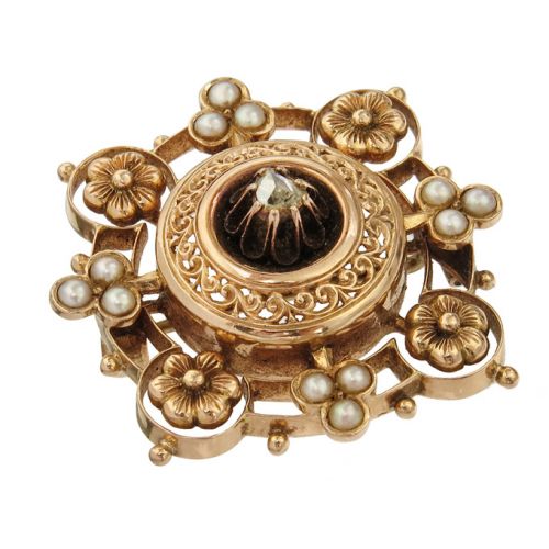 Brosche Diamant Perlchen 585er Roségold Antik Historismus ca. 1880-90