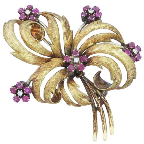 Blumenstrauß Brosche Diamanten Rubine 750er Gold ca. 1960-65