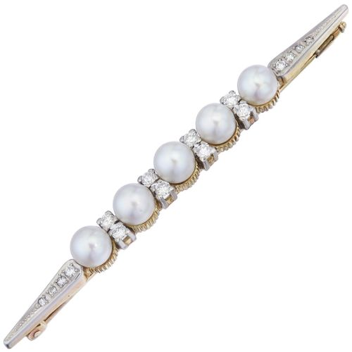 Brosche Brillanten Perlen 585er Weiß- und Gelbgold um 1960