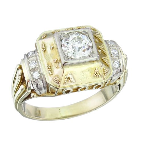 Ring Altschliff Diamant Granulation 585er Weiß- und Gelbgold  Retro ca. 1940-50